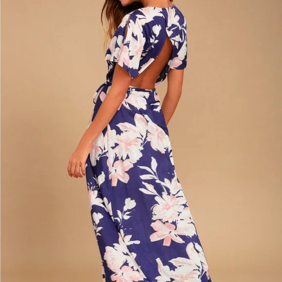Lulus Azalea Regalia Navy Blue Floral Print Wrap Maxi Dress - Picture 2 of 6